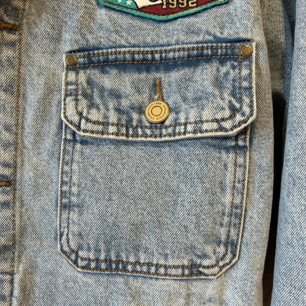 VTG Springfield Denim Jacket S Light Wash Corduroy Collar Patch Trucker Jacket